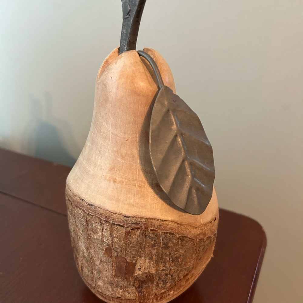 Wooden Pear Decor with Metal Leaf